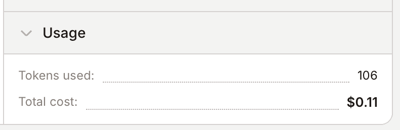 Usage overview for the branch - tokens and estimated cost