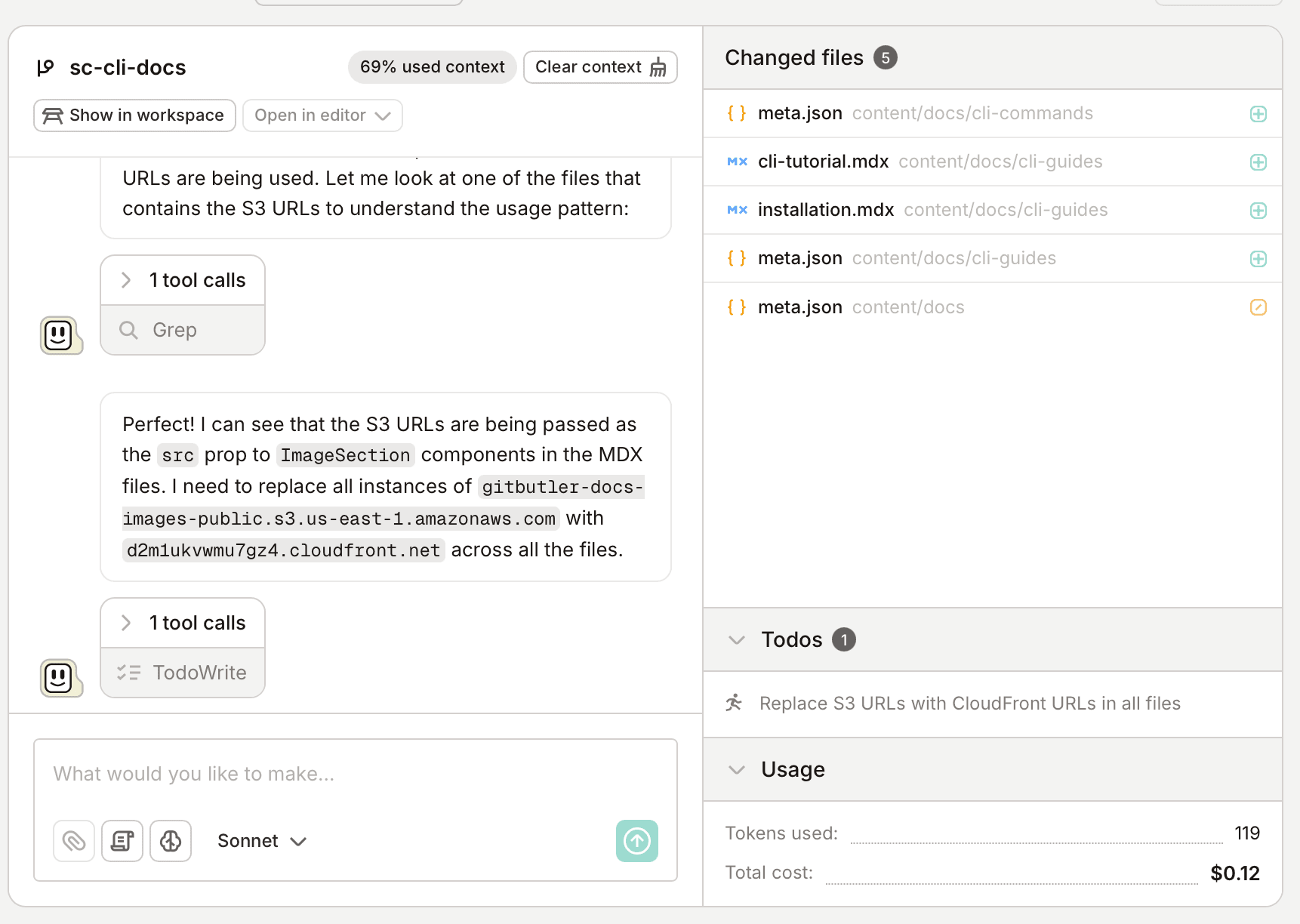 A list of your modified files for this session in the sidebar